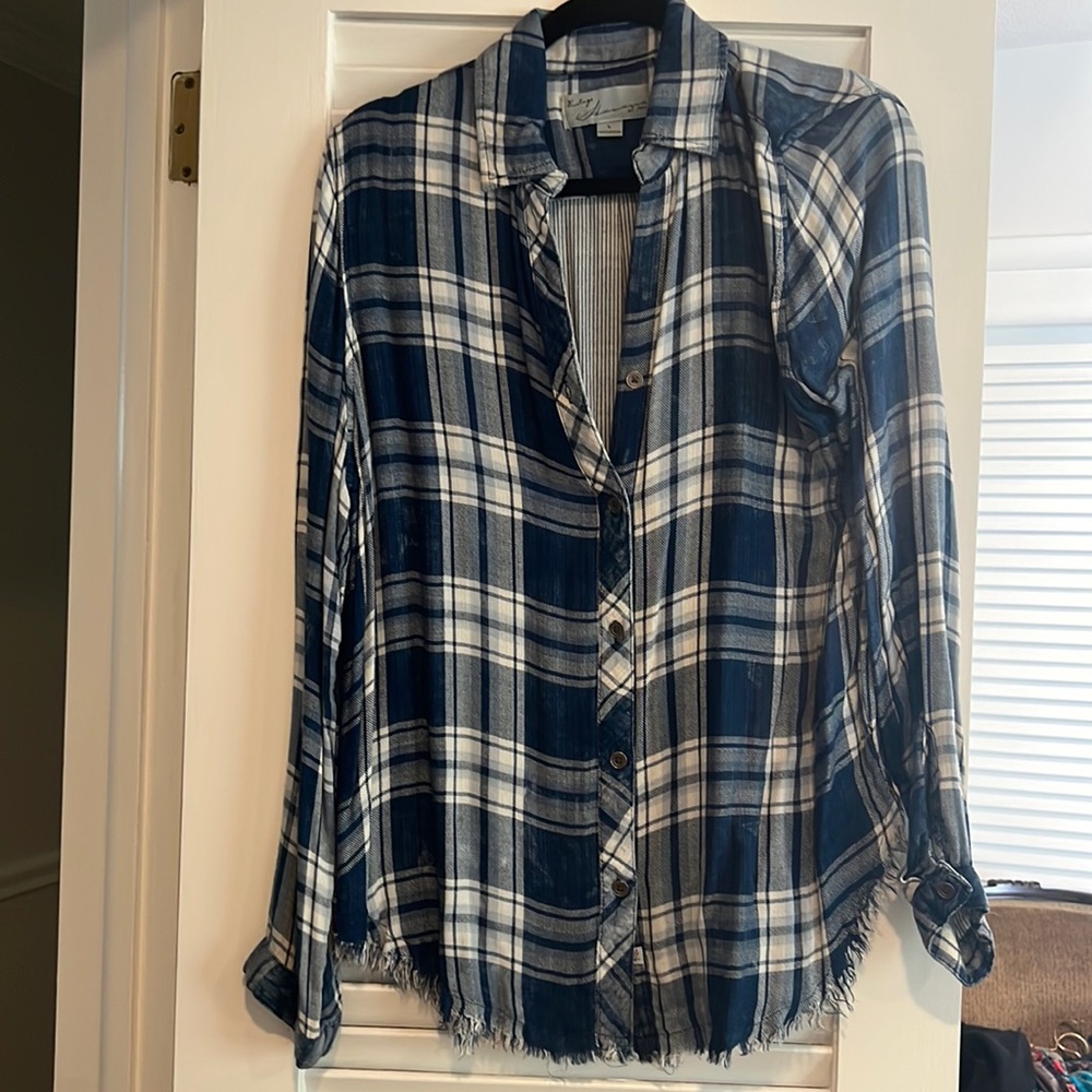 Vintage Havana blue and white flannel with frayed ends